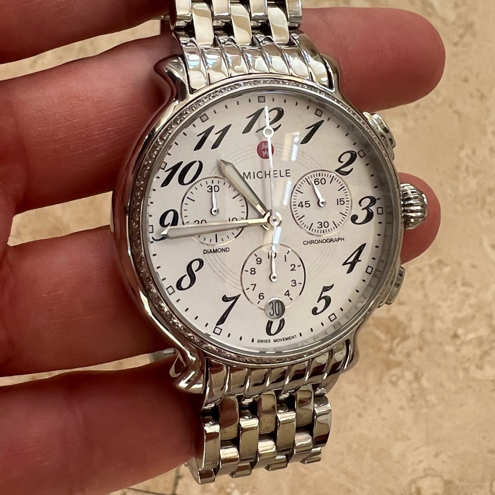 Stainless steel Michele Watch with Diamonds. Round face. Excellent condition